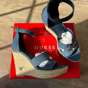 Y2k GUESS Denim Blue Wedge Sandals with Gold Accent